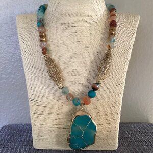 Statement Necklace!  Beaded with Turquoise Blue Gemstone Pendant (19")